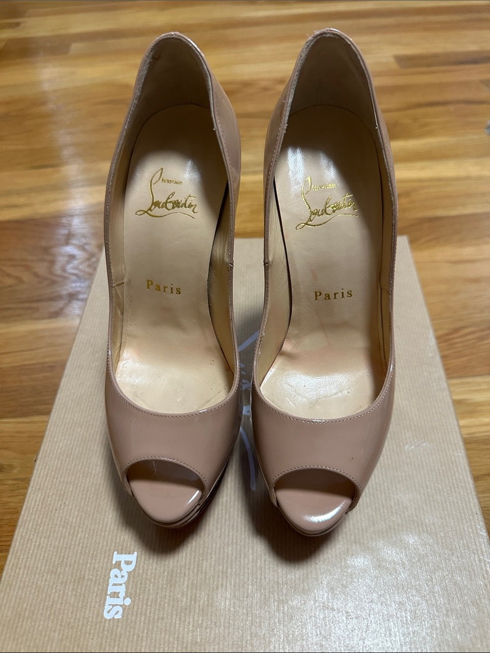 Christian Louboutin Nude Patent Peep-Toe Pumps with Signature Style